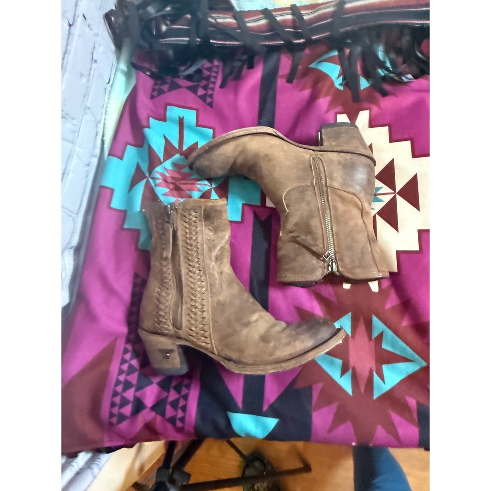 Lane Boots Women Brown Distressed Leather Woven Western Ankle Booties Size 5.5 - Picture 3 of 9